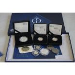 A QUANTITY OF BOXED COINS, 2 X 2017 silver proof £1, 2017 proof £5 coin and minor coins and