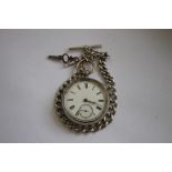 A SILVER OPEN FACE POCKET WATCH, (Unsigned) on a white metal Albert chain