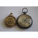 A LATE 19TH CENTURY CONTINENTAL LADIES' FOB WATCH MARKED 14ct, gilt engraved dial with black Roman