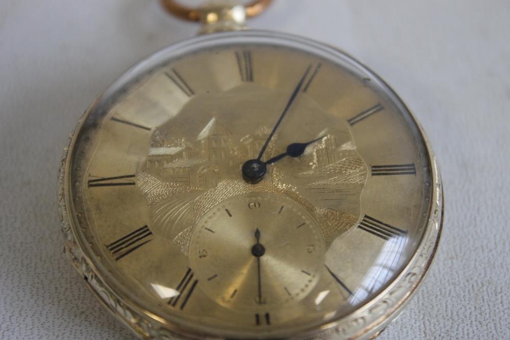 A YELLOW METAL GENTLEMAN'S OPEN FACE KEY WIND POCKET WATCH, gilt dial engraved with a scene of - Image 2 of 5