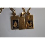 THREE 9ct GOLD 1/4 OZ INGOTS ON CHAINS. consisting of commemoratives for Trafalgar / Lord Nelson and