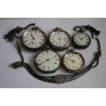 A SMALL COLLECTION OF CONTINENTAL WHITE METAL LADIES' FOB WATCHES and chain parts