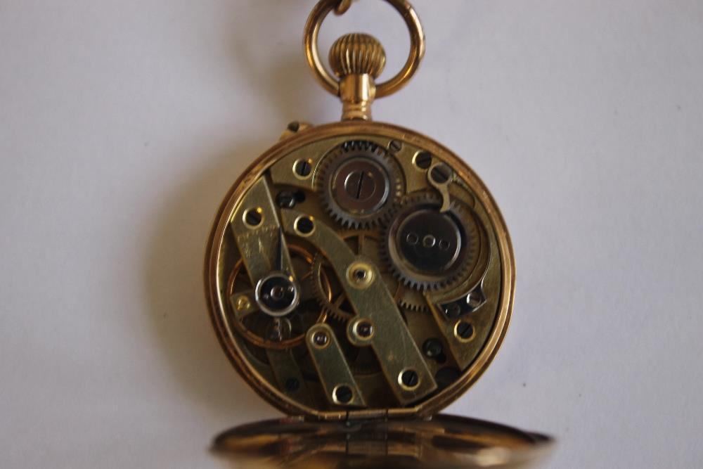 A LATE 19TH CENTURY CONTINENTAL LADIES FOB WATCH (marked 14ct) on a 9ct gold necklace chain. - Image 3 of 3