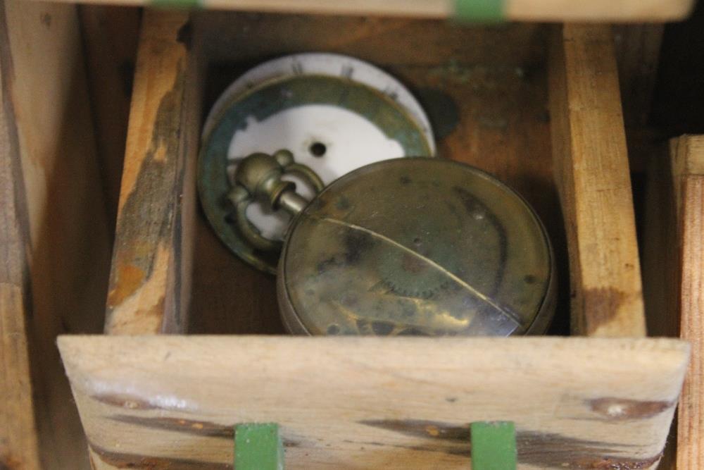 A CABINET OF POCKET WATCH PARTS, to include a selection of verge parts, movements, pair cases - Image 8 of 12