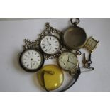 A SILVER OPEN FACE POCKET WATCH ON A MODERN WHITE METAL CHAIN, along with a gold plated "Cymrex"