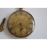 A 19th CENTURY GENTLEMAN'S YELLOW METAL OPEN FACE, KEY WIND POCKET WATCH, gilt dial with black Roman