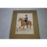 A LATE 19TH CENTURY WATER COLOUR OF A HUSSAR MOUNTED ON A HORSE. signed R.T.H (Fun R.T.Huchman) with