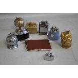 A COLLECTION OF VINTAGE TABLE LIGHTERS, to include a globe, an owl and Wedgwood Jasper type.