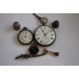 A LATE 19TH CENTURY OPEN FACE KEY WIND POCKET WATCH, with a ladies fob watch, two thimbles and two