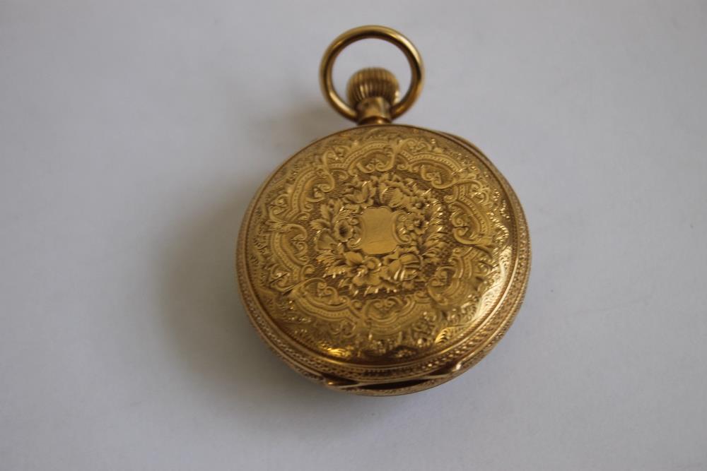 AN 18ct GOLD OPEN FACE TOP WIND POCKET WATCH, white enamel dial with black Roman Numeral markings, - Image 2 of 4