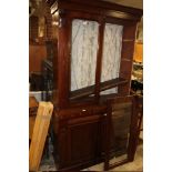 A VICTORIAN GLAZED MAHOGANY BOOKCASE A/F - W 107 CM, H 197 CM PLUS TWO CHAIRS