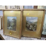 A PAIR OF ANTIQUE GILT FRAMED WATERCOLOURS DEPICTING COUNTRY WATERFALLS