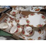 A TRAY OF ROYAL ALBERT OLD COUNTRY ROSES CHINA TO INCLUDE A TEAPOT, GRAVY BOAT ETC.