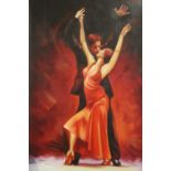 A MODERN OIL ON CANVAS DEPICTING TWO FIGURES DANCING A TANGO INDISTINCTLY SIGNED LOWER RIGHT -