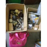 TWO BOXES OF CURTAIN POLE ACCESSORIES, TOGETHER WITH A LADIES HANDBAG