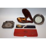 A BOG OF COLLECTABLES TO INCLUDE A HALLMARKED SILVER ASHTRAY AND PICTURE FRAME, MEERSCHAUM PIPE A/