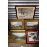 A COLLECTION OF ASSORTED PICTURES AND PRINTS TO INCLUDE GILT FRAMED, GOUACHE PAINTINGS, COUNTRY