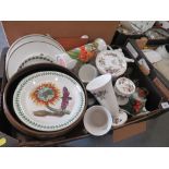 A TRAY OF ASSORTED CERAMICS TO INCLUDE PORTMEIRION, WEDGWOOD HATHAWAY ROSE ETC.