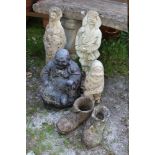 A SELECTION OF STONE AND CERAMIC GARDEN ORNAMENTS TO INCLUDE TWO JAPANESE FIGURES (1 S/D )BUDDHA,