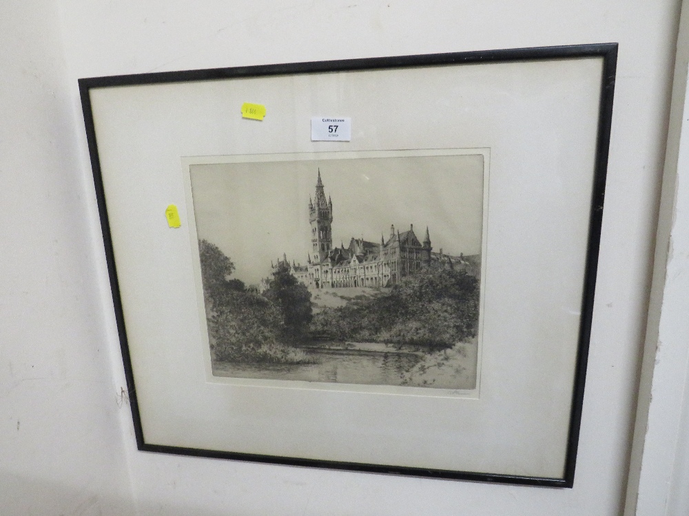 A FRAMED AND GLAZED ENGRAVING DEPICTING A CASTLE SIGNED A.P. THOMSON