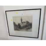 A FRAMED AND GLAZED ENGRAVING DEPICTING A CASTLE SIGNED A.P. THOMSON
