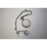 A SILVER POCKET WATCH ON ANTIQUE SILVER CHAIN AND FOB
