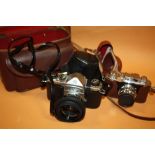 A VINTAGE PENTAX CAMERA AND ACCESSORIES TOGETHER WITH A VINTAGE HALINA CAMERA