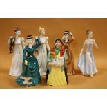 FIVE FRANCESCA CHINA LADY FIGURES TOGETHER WITH A G & S LTD OF BURSLEM SARAH GAMP FIGURE