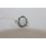 A HALLMARKED 18 CT WHITE GOLD OPAL AND DIAMOND RING, approx weight 3.3g, ring size M
