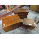 AN ANTIQUE WALNUT WRITING SLOPE, TOGETHER WITH A DESKTOP FOUR DRAWER CHEST AND AN OAK LIDDED BOX (3)