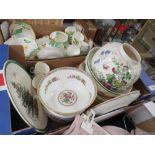 A TRAY OF ASSORTED CERAMICS AND CHINA TO INCLUDE COALPORT MING ROSE, SPODE, MASONS ETC.