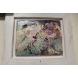 A FRAMED ABSTRACT OIL ON CANVAS DEPICTING A TABLETOP SCENE, SIGNED B. PRIETS