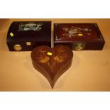 AN INLAID HEART SHAPED JEWELLERY BOX, TOGETHER WITH A MOTHER OF PEARL INLAID EXAMPLE AND A CIGAR