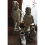 TWO FIGURATIVE STONE GARDEN ORNAMENTS PLUS A RABBIT AND A BOOT (4)