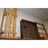 A WOODEN SLED AND A SET OF PIGEON HOLES A/F AND A BAMBOO TOWEL RAIL (3)
