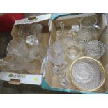 TWO TRAYS OF CUT GLASS TO INCLUDE ROYAL DOULTON CRYSTAL CANDLESTICKS, VASES, DECANTERS ETC.