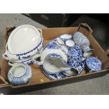 A TRAY OF BLUE AND WHITE CERAMICS AND CHINA TO INCLUDE ROYAL DOULTON