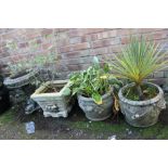 A FISH DESIGN BIRD BATH TOGETHER WITH TWO PLANTERS PLUS ANOTHER PLUS CONTENTS