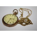 A GOLD PLATED OPEN FACED POCKET WATCH TOGETHER WITH A ROTARY PENDANT WATCH