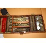 A BOX OF VINTAGE BRITISH AND WORLD COINAGE TO INCLUDE A QUANTITY OF THREE PENNYS