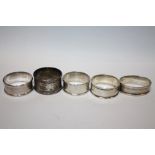 FIVE SILVER NAPKIN RINGS TO INCLUDE A CHARLES HORNER EXAMPLE