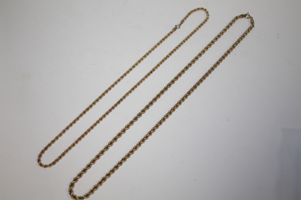 TWO 9 CARAT GOLD ROPE TWIST CHAINS, APPROX COMBINED WEIGHT 8.5G