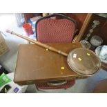 A VINTAGE LEATHER SUITCASE, TOGETHER WITH A COPPER WARMING PAN (2)