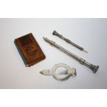 TWO SILVER PROPELLING PENCILS, TOGETHER WITH A SILVER TIE CLIP ETC.