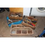 A SELECTION OF HANDTOOLS, PARTS, NAILS ETC