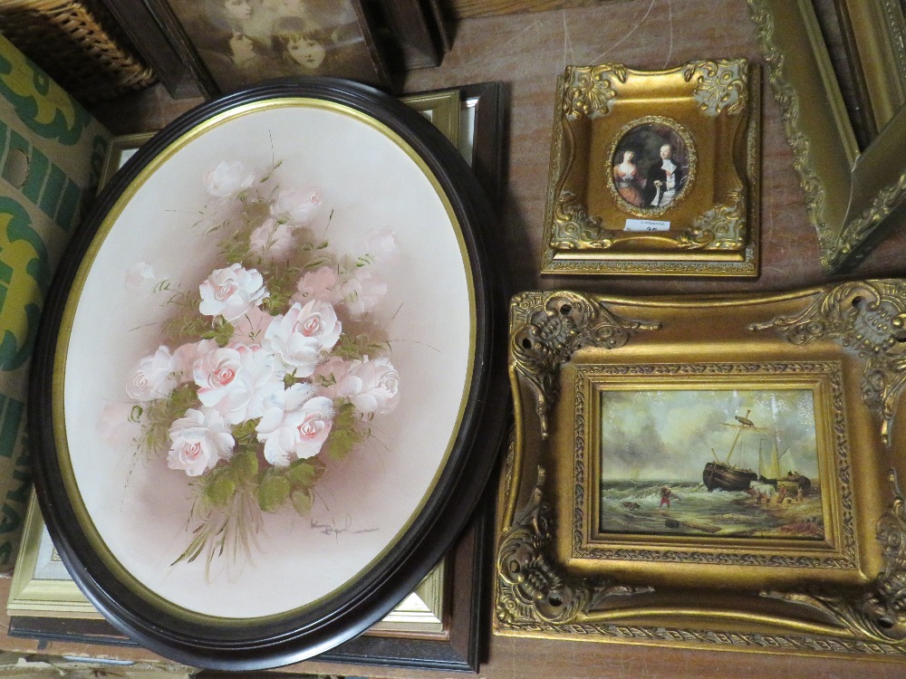 TWO ANTIQUE STYLE GILT FRAMED PRINTS TOGETHER WITH AN OVAL FRAMED FLORAL OIL ON BOARD (3)