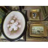 TWO ANTIQUE STYLE GILT FRAMED PRINTS TOGETHER WITH AN OVAL FRAMED FLORAL OIL ON BOARD (3)