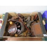A TRAY OF TREEN ANIMAL FIGURES ETC.