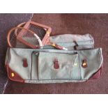 A VINTAGE CANVAS RACKET SATCHEL AND CONTENTS