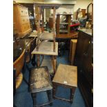 TWO OAK OCCASIONAL STOOLS/TABLES, TWO BAMBOO OCCASIONAL TABLES AND THREE MORE TABLES (7)